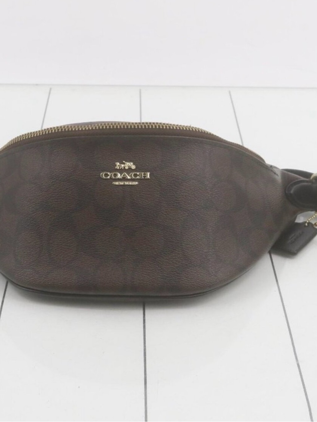 Coach Brown Logo Print Leather Belt Bag With Gold Hardware